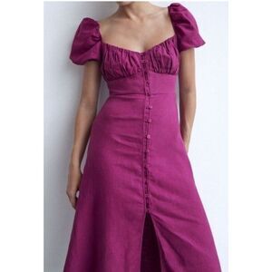 Zara Magenta Linen Blend Dress XS Button Front Milk Maid Pink Purple